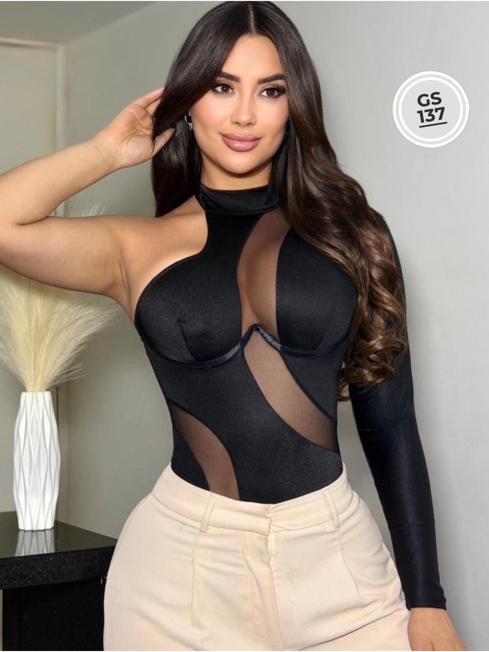 Black Mesh Cutout One-Shoulder Bodysuit